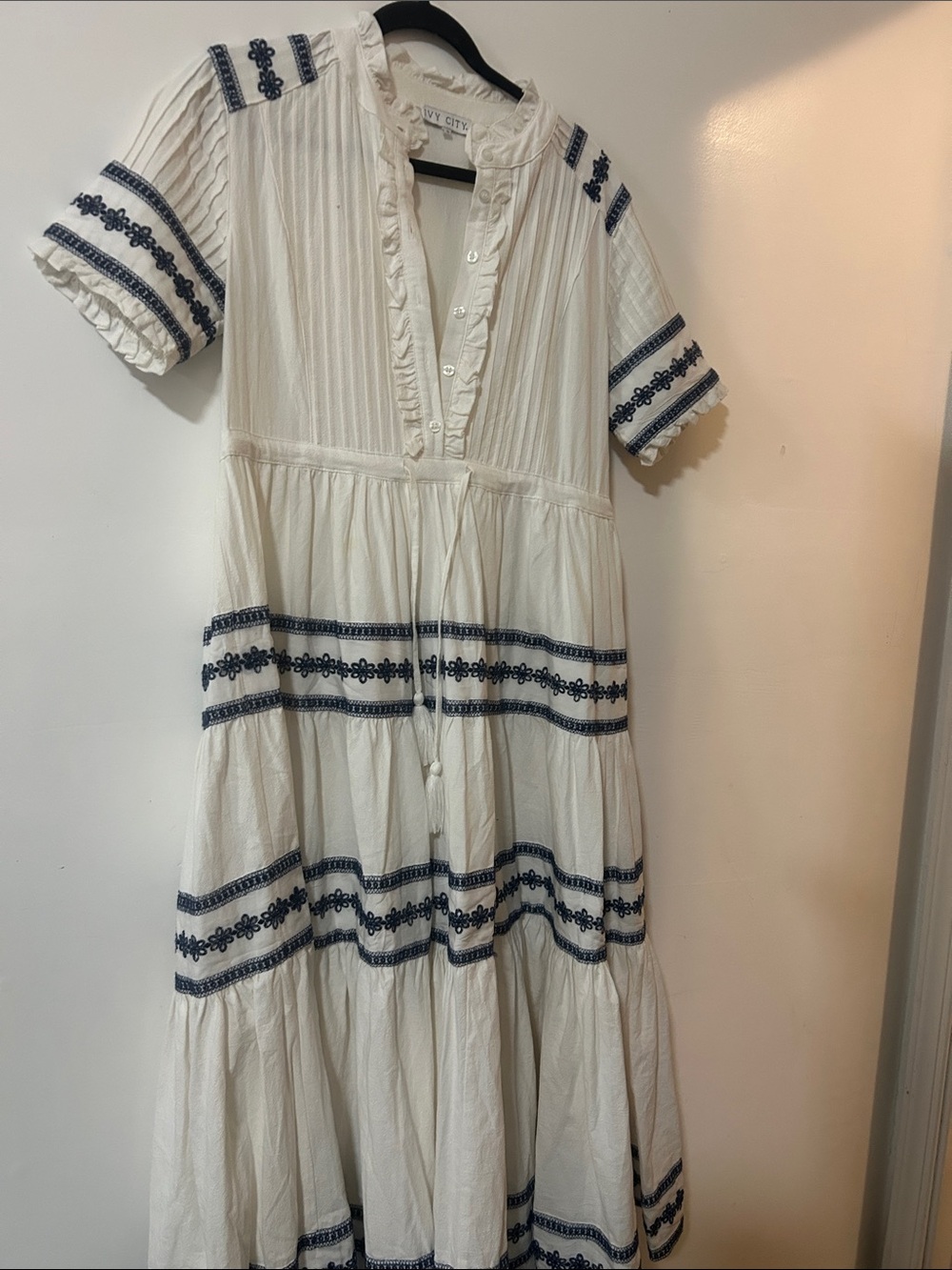 Love Tree White Maxi Dress with Navy Embroidery